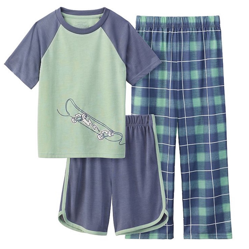 Cuddl Duds Boys Skate Skateboard Shirt Shorts and Plaid Pants Pajamas